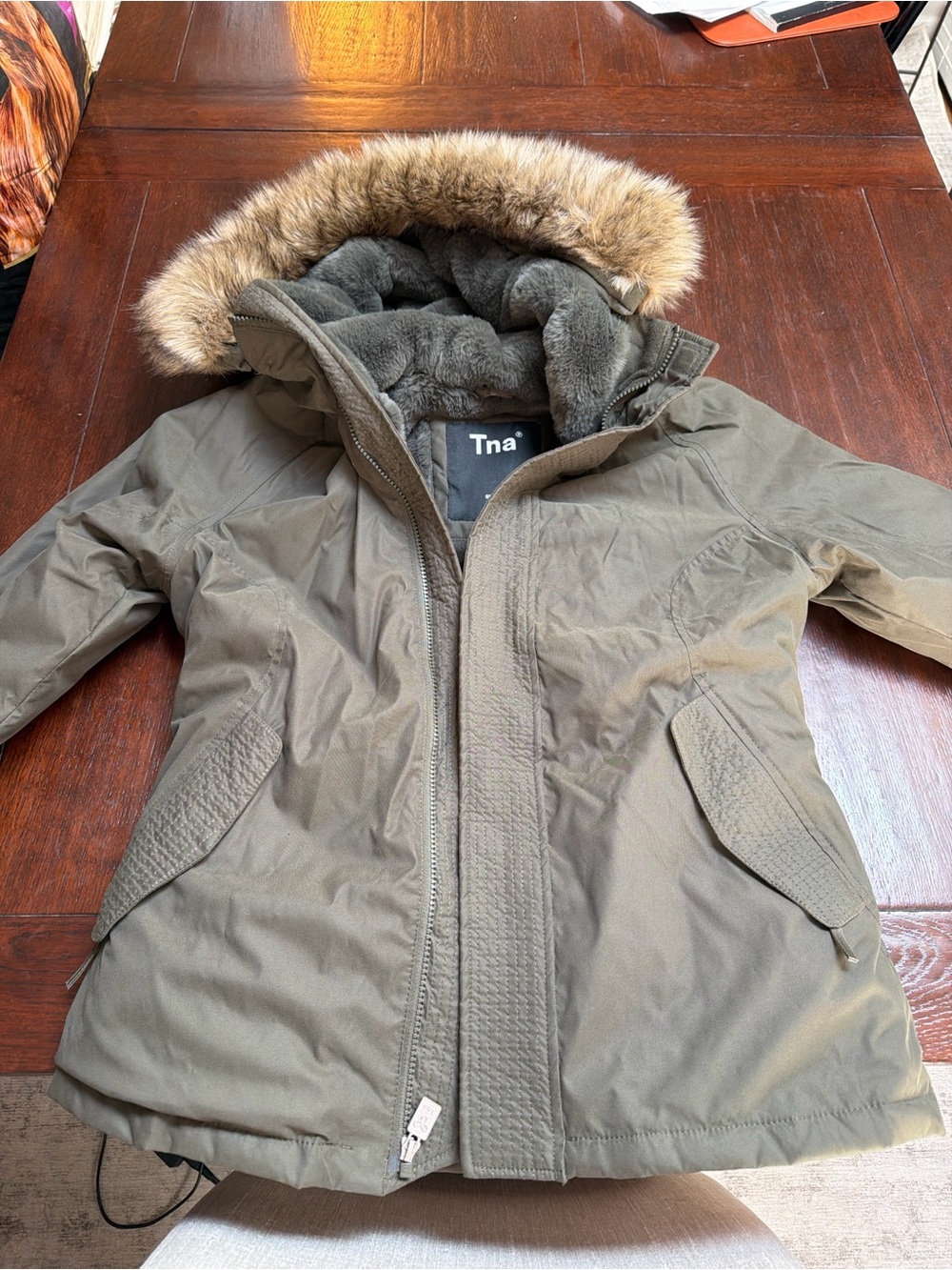 TNA Aritzia Women’s Olive Faux Fur Hood Parka